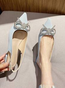 Fashionable Pointed Toe Chunky Heel Bowknot Crystal Rhinestone Women Flat Shoes With Closed Toe