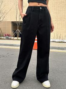 DAZY Women Casual Solid Color Pleated Loose Straight Leg Jeans