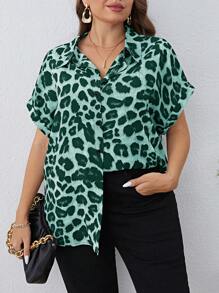 SHEIN Clasi Chemise à manches courtes pour femme grande taille à imprimé léopard décontractée pour un usage quotidien au printemps et en été - Vert - Voir 4