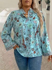 Breezaya Rozmiar Plus Wzór w kwiaty Dzwon rękaw Koszula