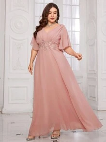 Plus Size Women's V-Neck Butterfly Sleeve Rhinestone Detail Chiffon Bridesmaid Dress Elegant Dress, Birthday Outfits, Graduation Dress, Formal Dress - Baby Pink - View 6
