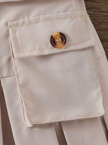 SHEIN 年輕女孩夏季無袖百褶裙實用口袋休閒連衣裙，圓領設計 - 杏色 - 查看 4