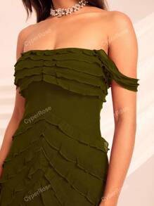 Mesh Ruffle Trim Off Shoulder Ruched Split Thigh Sheer Unlined Cloth Formal Dress,Graduation Dress