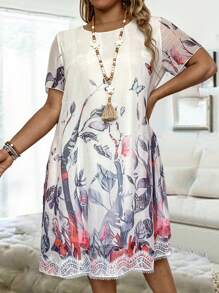 EMERY ROSE Plus Size Round Neck Butterfly Printed Casual Daily Wear Spring Summer Short Sleeve Dress - Multicolor - View 5