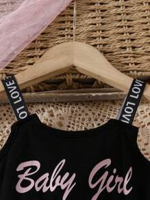 SHEIN Baby Girls' Casual Sports Everyday Basic Simple Fun Letter Print Cami Romper, Suitable For Spring And Summer Outings - Black - View 5