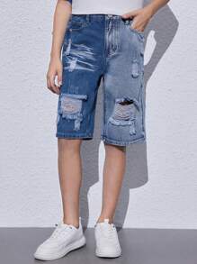 帶磨痕細節的Tween男生流行中藍色牛仔短褲