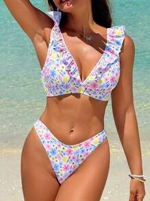 SHEIN Swim 女性內衣和泳裝下擺套裝,隨機印花,適合夏季、海灘、游泳池 - 彩色 - 查看 1