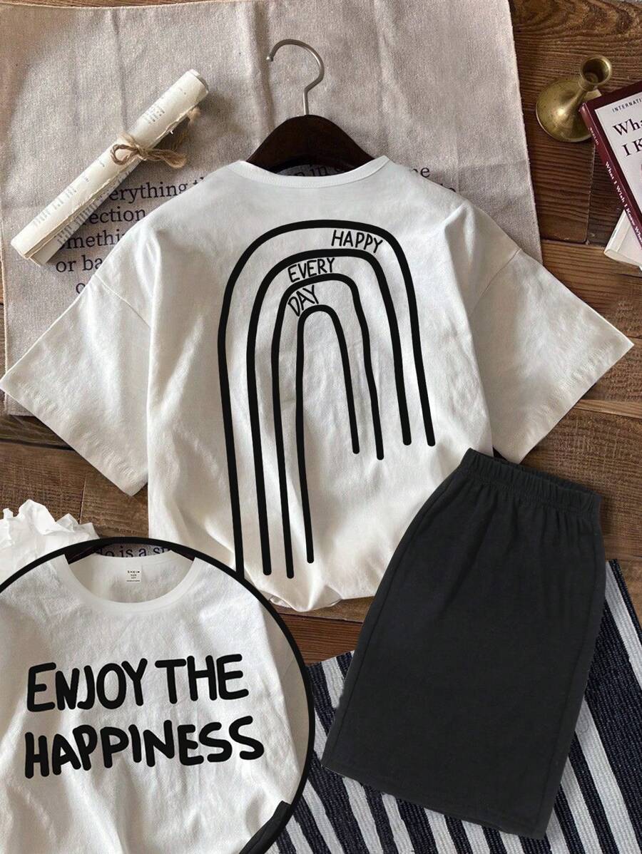 SHEIN ModeFlare Wear 年轻男孩休闲简单字母图案短袖 T 恤和短裤 2 件套装，适合夏季 - 白色 - 查看 1