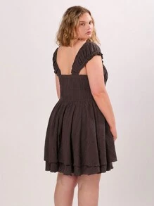Forever 21 Vestido de línea A con pliegues y volantes, cuello cuadrado y mangas cortas para mujer talla grande, ideal para vacaciones de verano en la playa - Café integral - Ver 2