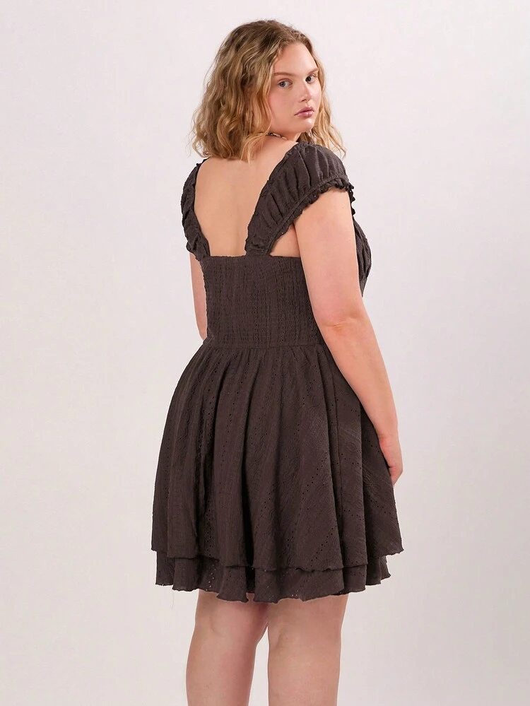 Summer Seaside Vacation Women Plus Size Ruched A-Line Dress With Frill Square Neckline And Cap Sleeves
