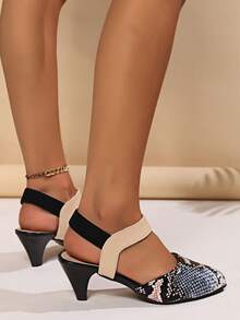 女款彈性腳踝帶蛇紋細跟涼鞋，優雅夏季高跟鞋 - 彩色 - 查看 5