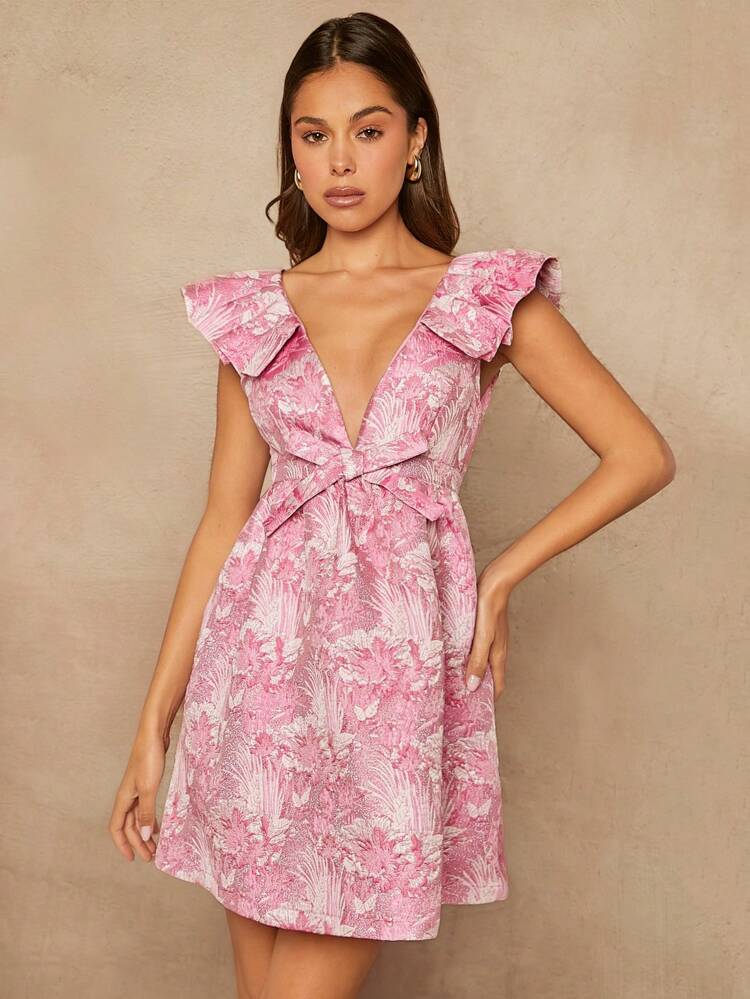Elegant Jacquard Ruffle Sleeve Bow Mini Dress