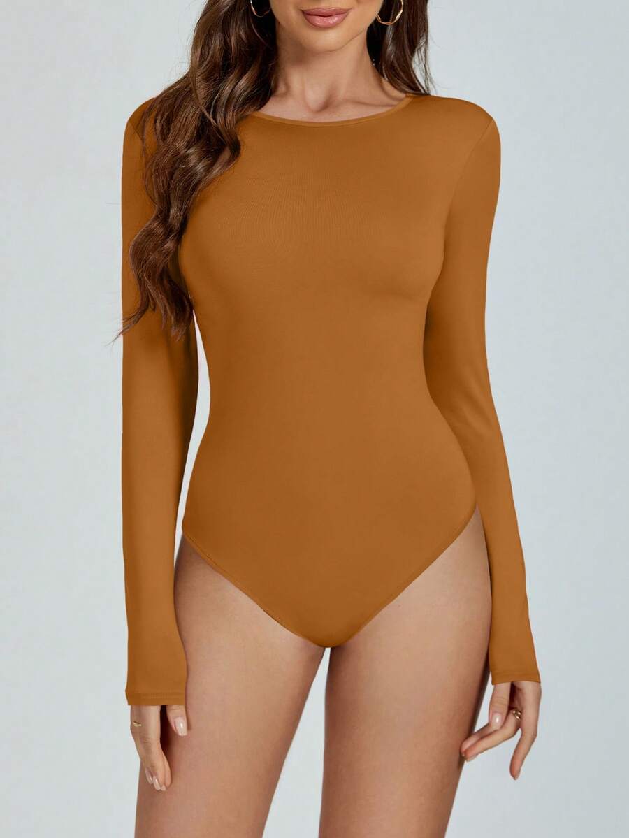 SHEIN Essnce Women's Solid Round Neck Long Sleeve Bodysuit - Brown - View 1