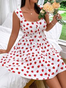 Sunnyshic Plus-Size Women Strawberry Print Simple Style Dress - Multicolor - View 6
