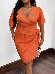 SHEIN LUNE 大碼夏季簡約休閒V領無袖連身裙，附帶綁帶 - 橘色 - 查看 4