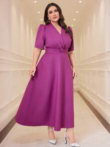 Modelyn 大码 V 领扭纹设计纯色泡泡袖连衣裙长款晚礼服