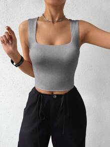 SHEIN Essnce 春夏季基本款實色方領修身短款上衣 - 灰色 - 查看 6