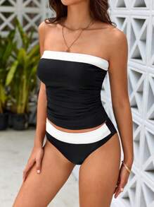 Swim Lushoire 女性時尚黑白拼接夏季沙灘無肩帶上衣和泳衣底部 - 黑與白 - 查看 4