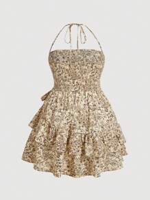 SHEIN MOD Đầm hở lưng in họa tiết ngẫu nhiên cỡ lớn cho nữ - Màu Khaki - Xem 2