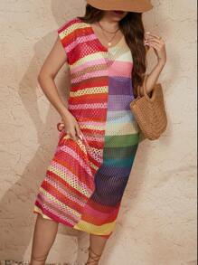 SHEIN Clasi Plus Size Women Striped V-Neck Batwing Short Sleeve Hollow Out Loose Straight Sweater Dress For Summer Vacation - Multicolor - View 5