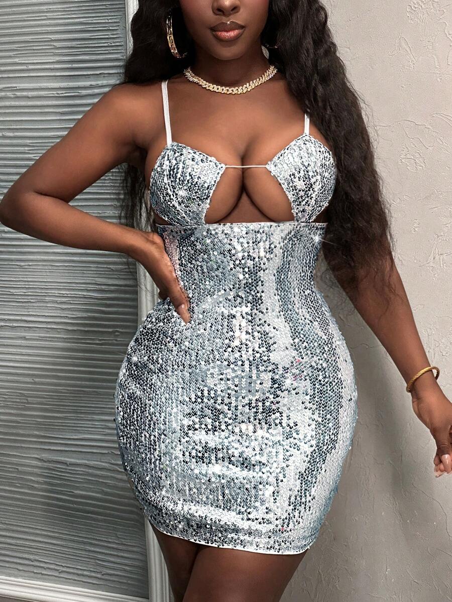 Slaydiva Women Dresses Backless Kontras Sequin Memotong All Over Print Seksi Pesta - Perak - View 1