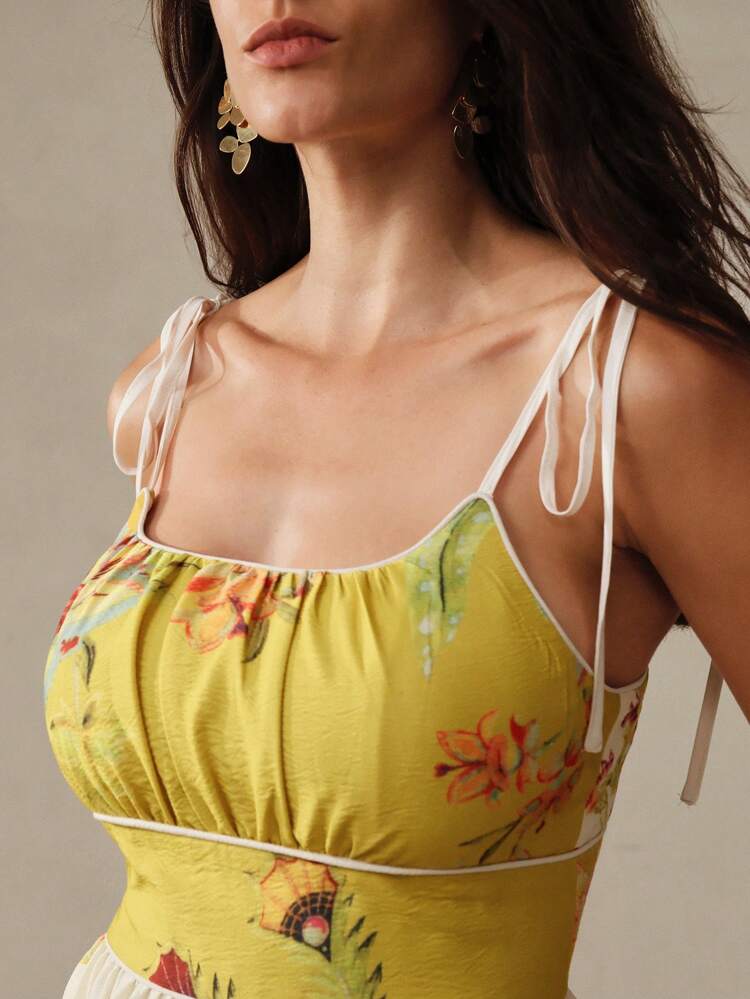 Romantic Floral Print Cinching Waist Cami Dress For Women On Vacation