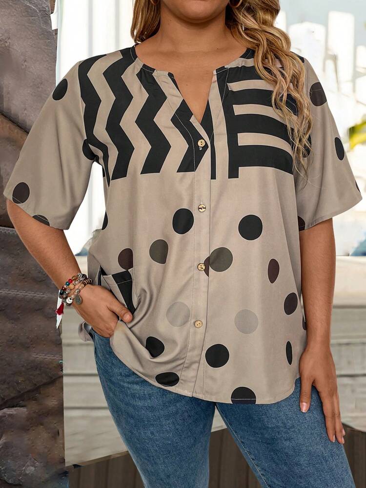 Plus Size Striped Polka Dot Printed Color Block Short Sleeve Shirt With Notched Collar