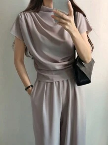 DAZY Women Solid Color T-Shirt And Long Pants Set, Women Two Pieces Sets Short Sets For Women - Grey - View 6