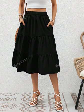 Women Elastic Waist Layered Printed Medium-Length Casual Vacation Beach Skirt