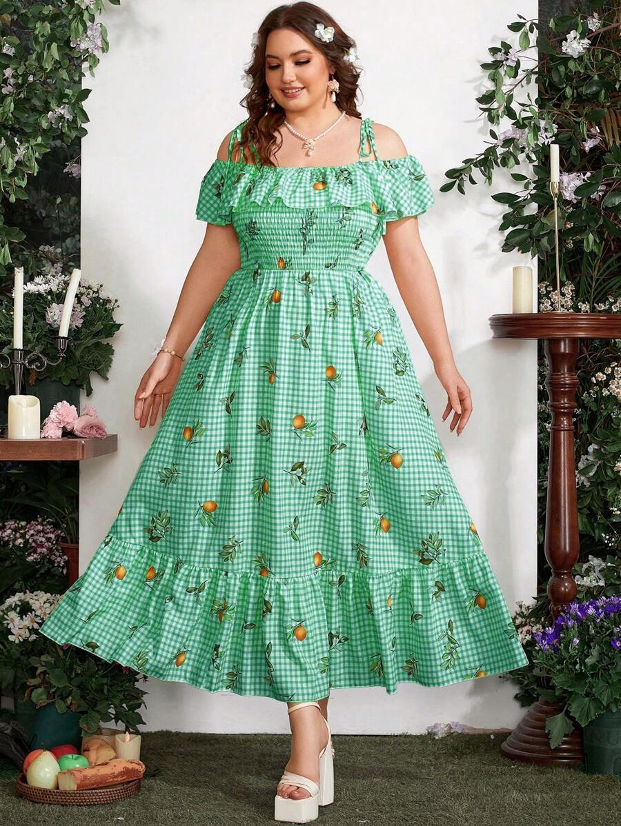 Sunnyshic 加大碼露肩不對稱條紋印花中長款連身裙 - 彩色 - 查看 1