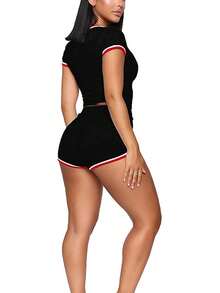 Summer Women Solid Color Splice Short Sleeve Casual Two Pieces Set - Black - View 2