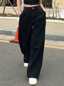 DAZY Women Casual Solid Color Pleated Loose Straight Leg Jeans