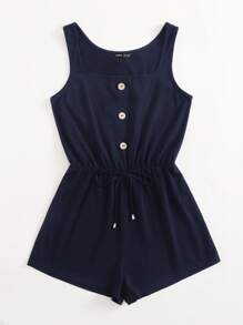 SHEIN VCAY Mono de punto sin mangas con cordón ajustable y cuello redondo amplio en unicolor - Azul Marino - Ver 3
