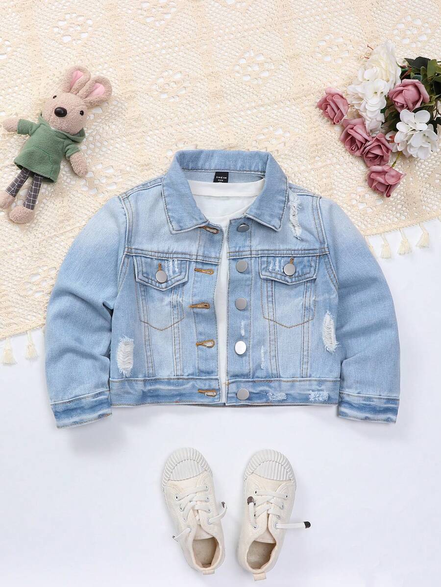 SHEIN Elladie kids Young Girl Ripped Flap Pocket Denim Jacket, School, Campus, College