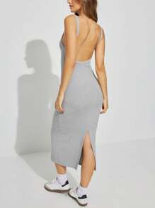 SHEIN EZwear Vestido camisero de color sólido con abertura en la espalda y dobladillo partido