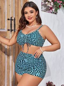 Swim Lushoire Summer Beach Plus Size Women Geometric Pattern Printed Bikini Set 3 Pieces Set - Multicolor - View 5