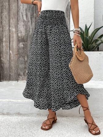 EMERY ROSE Calças Longas Femininas Casuais de Verão com Bottom Preto e Pequenas Flores e Barra com Babado Para Passeios na Rua