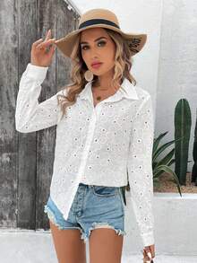 SHEIN LUNE Women Eyelet Embroidery Button Up Vacation Shirt - White - View 6