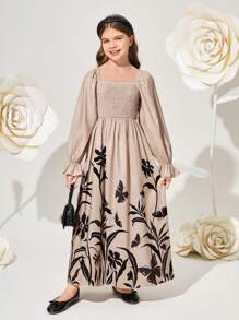 SHEIN Tween Girl Integrated College Square Neck Bubble Sleeve Floral Pattern Midi Dress
