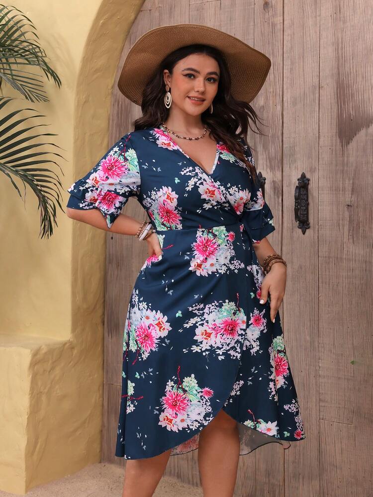 Plus Size V-Neck Floral Print Wrap Cross Dress