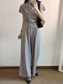 DAZY Women Solid Color T-Shirt And Long Pants Set, Women Two Pieces Sets Short Sets For Women - Grey - View 4