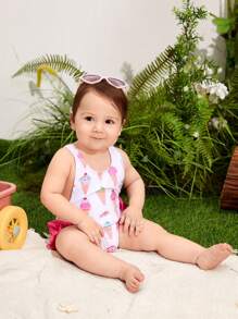 SHEIN Đứa bé gái In kem Áo tắm một mảnh Với Nơ Đồ trang trí - Hồng - Xem 8