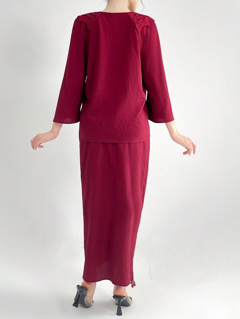 Burgundy Red Solid Color Lace Spliced Tie Neck Top And Skirt Set 2 Pieces Set