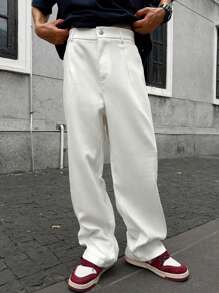 Manfinity Streetrush Pantaloni larghi e casual da uomo con pieghe e tasche inclinate, adatti per uscire, gamba dritta, pantaloni lunghi tinta unita bianchi, pantaloni a gamba ampia da uomo, pantaloni morbidi da uomo, di ritorno a scuola