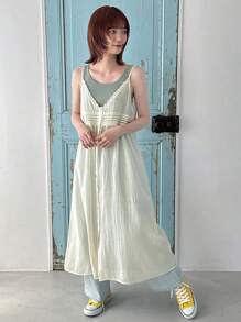 FRIFUL Women Thin And Transparent Long Tank Top With A Designer Touch - Beige - View 4