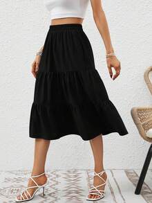 女性彈性腰層次印花中長款休閒度假沙灘裙