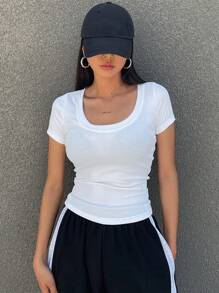 DAZY Solid Color Slim Fit Women Tee With Large Round Neckline Summer