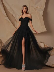 VIPGIRL 高端晚礼服，性感优雅，露肩长裙，奢华成人礼服，适合T台走秀/演出，黑色正式舞会/婚礼宾客礼服，毕业典礼/晚宴春季礼服 - 黑色 - 查看 4