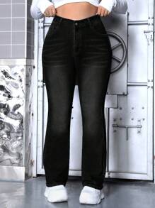 SHEIN ICON Plus Size Water-Washed Flared Jeans - Black - View 1