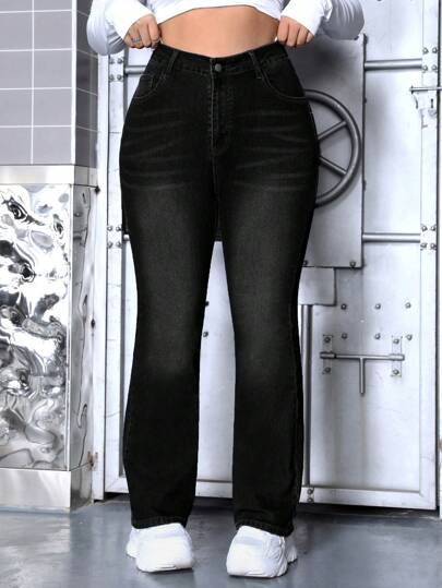 SHEIN ICON 大尺碼水洗喇叭牛仔褲